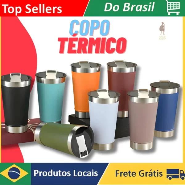 Copo Térmico Sortido de Aço Inoxidável com Abridor de Tampa - 473mL para Bebidas